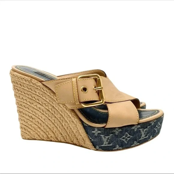 LOUIS VUITTON Denim LV Monogram Juan Les Pins Wedge Espadrille Buckle Sandals 41 - Picture 2 of 12